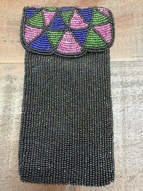 Neiman Marcus Beaded Eyeglass Case Art Deco Geometric Floral Fringe Black 6x3.25